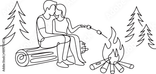 Single one line drawing happy romantic couple summer camp. Man woman sitting by fireplace on log. Bonfire with marshmallow. Outdoor vacation in forest. one line Icon drawing