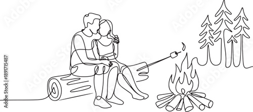 Single one line drawing happy romantic couple summer camp. Man woman sitting by fireplace on log. Bonfire with marshmallow. Outdoor vacation in forest. one line Icon drawing
