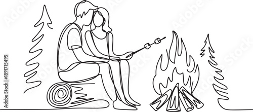 Single one line drawing happy romantic couple summer camp. Man woman sitting by fireplace on log. Bonfire with marshmallow. Outdoor vacation in forest. one line Icon drawing
