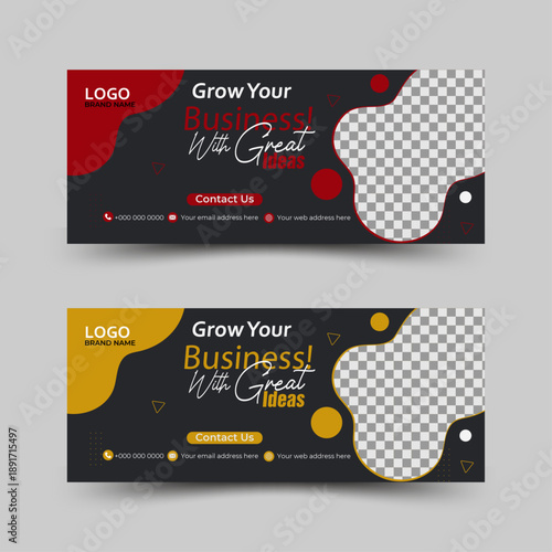 Modern Corporate Facebook Cover & Web Banner Template: Professional layout featuring a minimalist white background, vivid red geometric accents, and a designated photo placeholder.