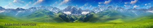 panoramic view of snowy mountains with green valley | looped animation