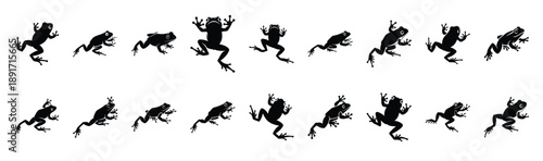 frog jumping pose silhouette illustration collection. Animals drawing illustration isolated on white background.