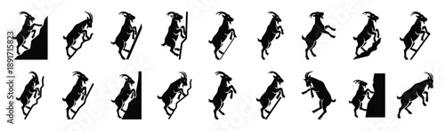 goat climbing pose silhouette illustration collection. Animals drawing illustration isolated on white background.