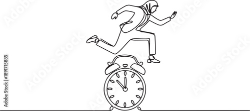 Single continuous line drawing Arabian businesswoman jump over alarm clock. Business deadline or working time efficiency concept. one line Icon drawing