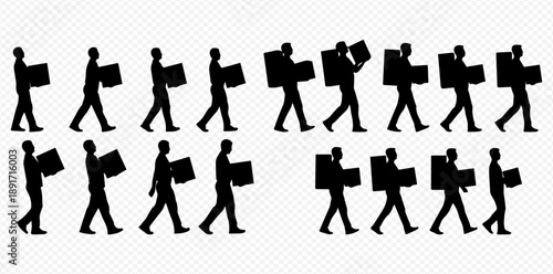 Silhouettes of people carrying boxes, illustrating delivery, moving, and logistics concepts on a transparent background.