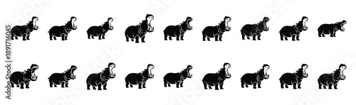 hippopotamus yawning pose silhouette illustration collection. Animals drawing illustration isolated on white background.