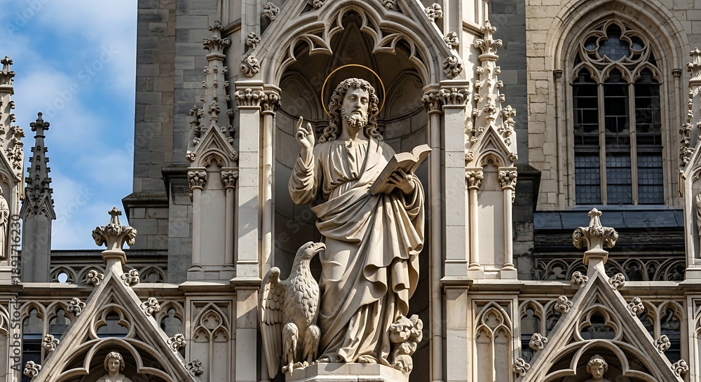 Obraz premium Ornate stone statue of saint on church facade.