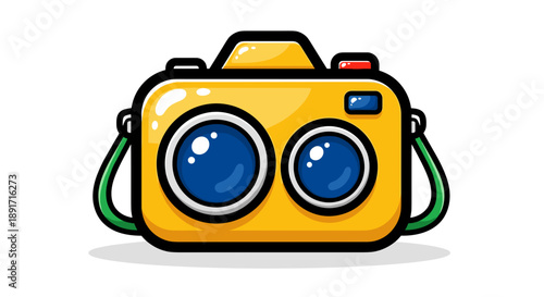 Cute Yellow Cartoon Camera with Big Blue Lenses and Green Strap.