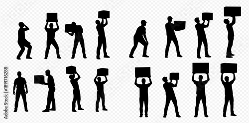 Set of black silhouettes of people carrying boxes in various positions, isolated on a transparent background.