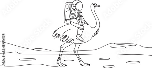 Single continuous line drawing of cosmonaut with spacesuit riding ostrich, big bird animal in moon surface. Fantasy astronaut safari journey concept. one line Icon drawing