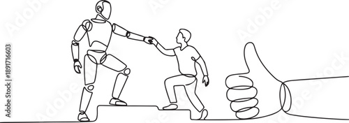 Continuous one line drawing smart robot helps colleague climb big finger gesture thumbs up. Working together towards success. Positive vibes. Cohesiveness. one line Icon drawing