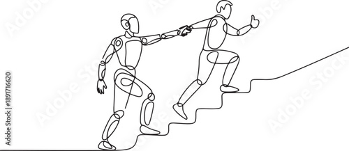 Continuous one line drawing smart robot helps colleague climb big finger gesture thumbs up. Working together towards success. Positive vibes. Cohesiveness. one line Icon drawing