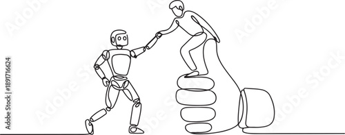 Continuous one line drawing smart robot helps colleague climb big finger gesture thumbs up. Working together towards success. Positive vibes. Cohesiveness. one line Icon drawing