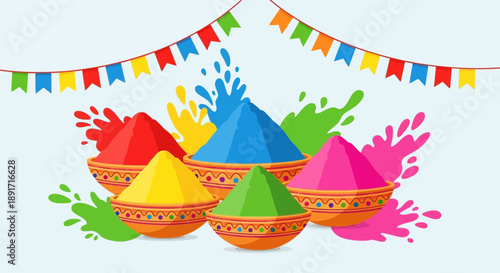 Vibrant Holi celebration with colorful powders and flags in festive outdoor setting