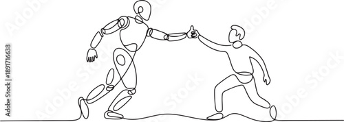 Continuous one line drawing smart robot helps colleague climb big finger gesture thumbs up. Working together towards success. Positive vibes. Cohesiveness. one line Icon drawing