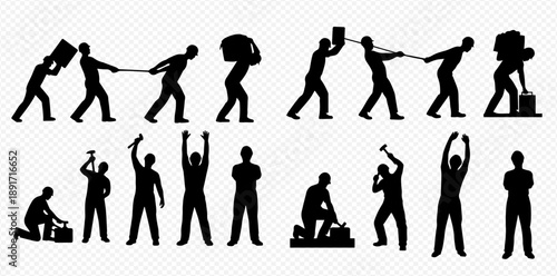 Silhouettes of workers performing various manual labor tasks, including lifting, pulling, and building, on a transparent background.