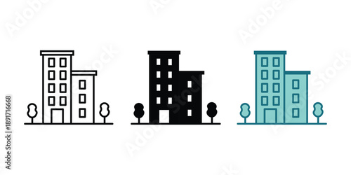 building icon set. office buildings icon in different style vector illustration. icon designed in filled, outline, line and stroke style can be used for web, mobile.