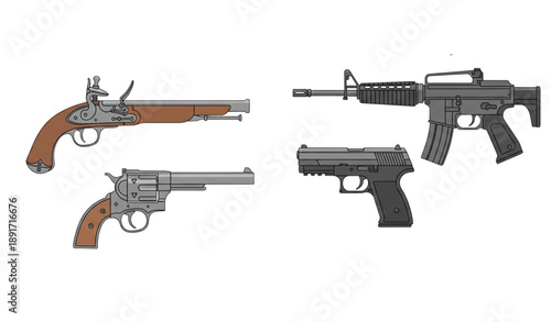 Old and modern guns comparison flat vector illustration isolated on transparent background