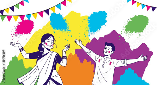Vibrant Holi Celebration with Joyful People Throwing Colored Powders, Illustrations