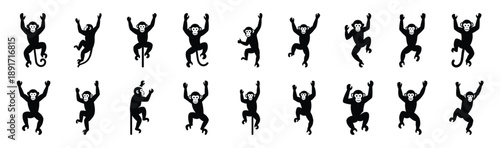 monkey climbing pose silhouette illustration collection. Animals drawing illustration isolated on white background.