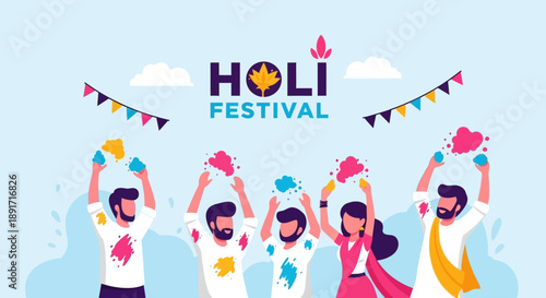 Vibrant Holi celebration with people throwing colored powders in joyful festival