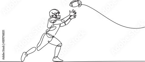 One continuous line drawing young american football player catch the ball from his teammate for competition poster. Sport teamwork concept. one line Icon drawing