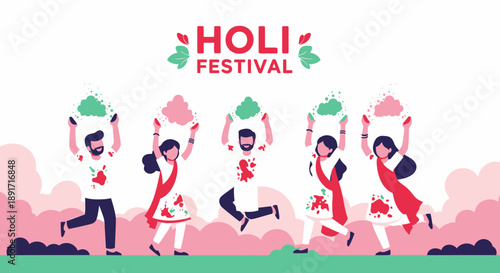 Vibrant Holi festival celebration with people dancing and throwing colors in air