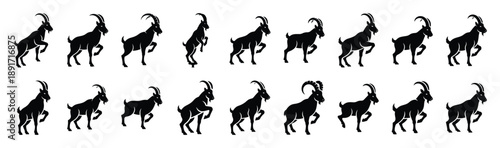 mountain goat balancing pose silhouette illustration collection. Animals drawing illustration isolated on white background.