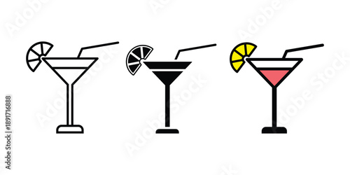 Cocktail Glass with Straw Icon Vector in Black Solid Glyph and Outline Style for Bar, Drink Menu, Party, Beverage, Restaurant, and Nightlife Design Use.