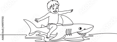 Continuous one line drawing little boy riding inflatable shark. Young kid sitting on back shark in swimming pool. Shark ocean fish in deep water. one line Icon drawing