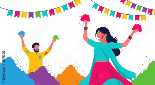 Vibrant Holi Celebration with Couple, Flags, and Powder, Capturing Joyful Moment