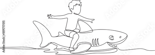 Continuous one line drawing little boy riding inflatable shark. Young kid sitting on back shark in swimming pool. Shark ocean fish in deep water. one line Icon drawing