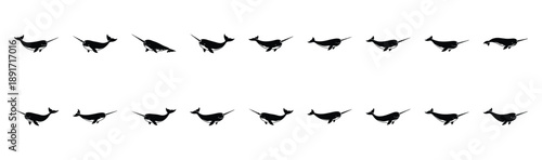 narwhal swimming pose silhouette illustration collection. Animals drawing illustration isolated on white background.