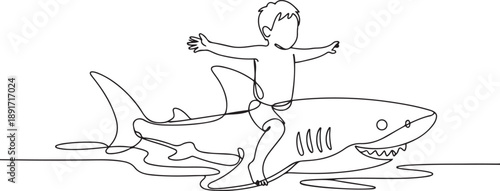 Continuous one line drawing little boy riding inflatable shark. Young kid sitting on back shark in swimming pool. Shark ocean fish in deep water. one line Icon drawing
