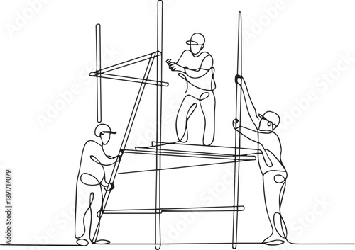 Workers constructing scaffolding on a building site from multiple viewpoints
