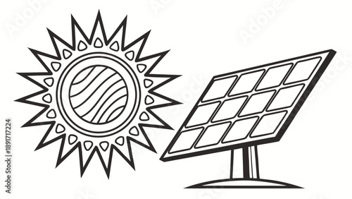 Stylized sun shines brightly next to a photovoltaic solar module representing solar power capture.