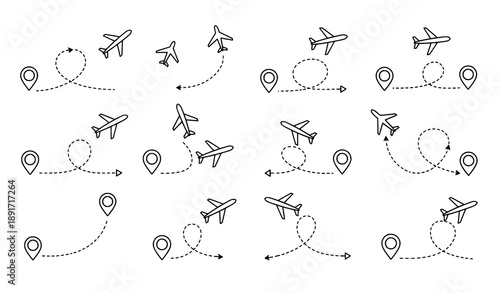 Airplane route line infographic vector set with dashed flight paths and destination map pins
