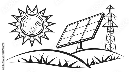 Solar panel array and transmission tower illustrate renewable energy generation on grassy hills.