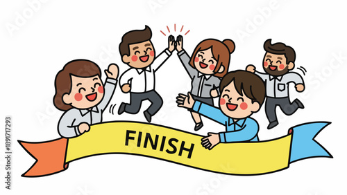 Celebrating a major corporate milestone: Diverse project team successfully achieves 'Finish Line' goal with high-fives and victory banner.