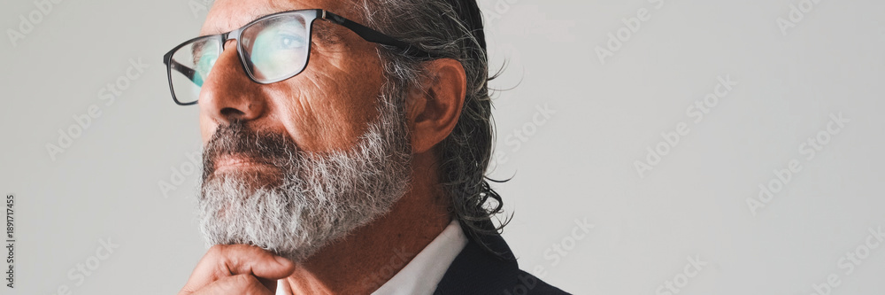 custom made wallpaper toronto digitalClose up, middle-aged businessman in glasses with gray hair, hand props chin, isolated on gray background in the studio. Panoramic
