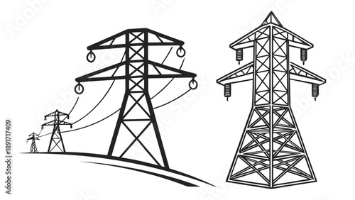 Multiple high voltage pylons ascend a curved hill against a white background demonstrating power line progression.
