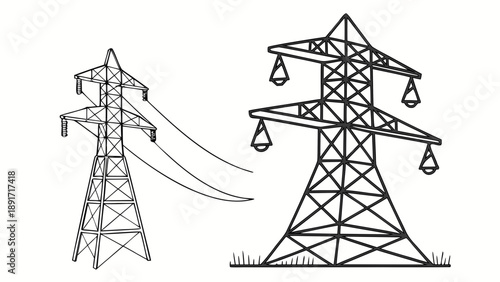 Two distinct electrical transmission towers stand against the white background illustrating high voltage infrastructure.