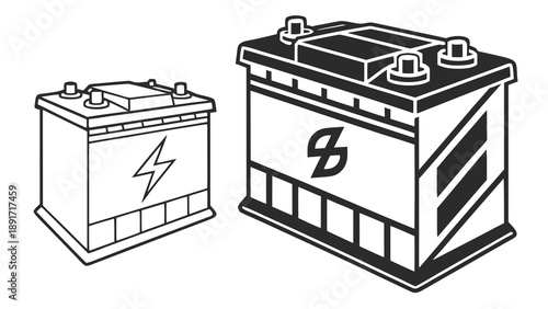 Two automotive vehicle batteries, one large and one small, display electrical charge symbols in a simple graphic style.
