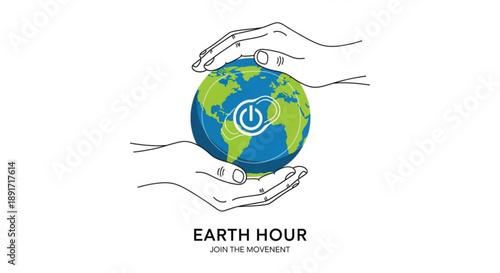 Earth hour movement globe with human hands and power symbol