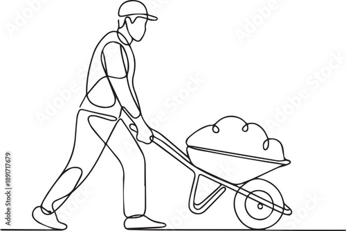 Man pushing wheelbarrow with heavy load in industrial setting