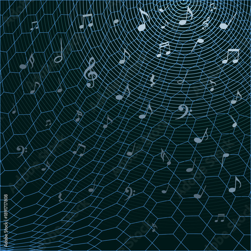 Abstract illustration of music and audio signals spreading through a digital network. Circular sound waves and musical notes represent broadcasting, streaming, radio and information flow.