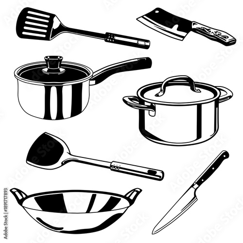 set of kitchen utensils including pots, pans, knives, spatula, ladle, and wok. Minimalist cooking equipment icons, perfect for culinary design, restaurant branding, and food themes.