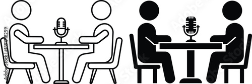 People podcast interview icon showing microphone discussion at table in outline and silhouette styles