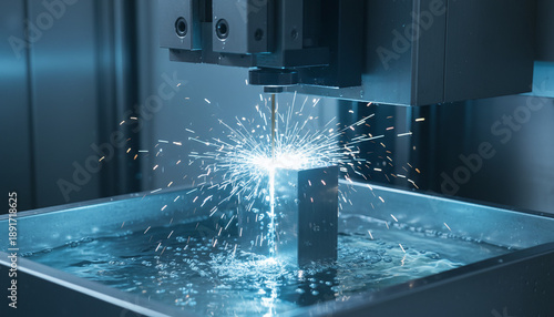 Wire EDM machining process cutting steel with sparks in dielectric fluid