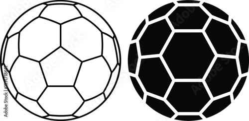 Soccer ball icon set showing classic football design with outline and solid silhouette styles for sports graphics
